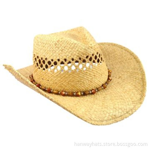 Straw Cowboy Hat/Raffia Straw Cowboy Hat with Multi Stone and Metal Beaded Trim